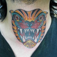 Cartoon tiger ink throat tattoo design idea