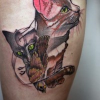 Cat and bird abstract tattoo