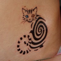 Spiral cat tattoo with blue and red eyes