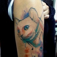 Tatuaggio colorato sulla gamba il gatto bianco