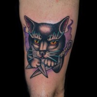Tatuaje en el brazo,
gato aburrido con dagas