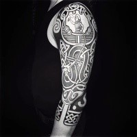 Celtic style black ink half sleeve tattoo of various knots and dragon