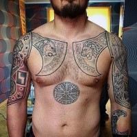 Celtic style black ink shoulder and chest tattoo of big axes