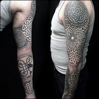 Celtic style colored sleeve tattoo of various knots