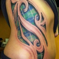 Checered blue with green pattern scotland tattoo on ribs
