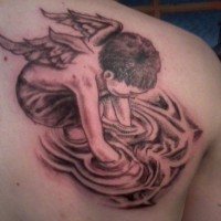 Cherub looks at reflection in water tattoo on shoulder blade