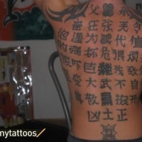 Tatuaje  de inscripción china en la espalda completa