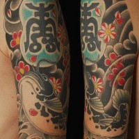 Chinese colorful tattoo with charaters on all hand