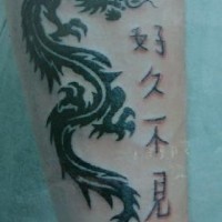 Tatuaje  de dragón negro simple con jeroglíficos pequeños