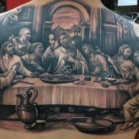 tema cristiano nero e bianco grande dipinto cena del signore tatuaggio su schiena