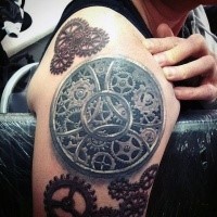 Circle shaped biomechanical mechanisms shoulder detailed tattoo with special symbol in 3D style
