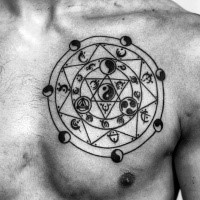 Circle shaped black ink Asian traditional chest tattoo of mystical symbols