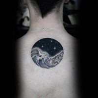 Circle shaped black ink dotwork style upper back tattoo of night sea shore