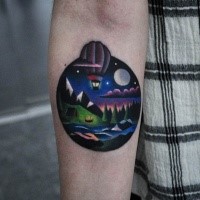 Circle shaped colored forearm tattoo of night forest with balloon