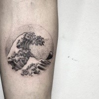 Circle shaped dot style arm tattoo of large sea wave