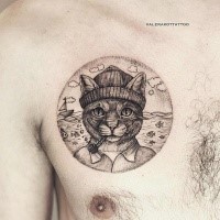 Circle shaped dot style chest tattoo of smoking cat with hat