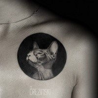 Circle shaped dot style collarbone tattoo of sphinx cat portrait