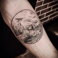 Circle shaped engraving style arm tattoo of boy with paper plane