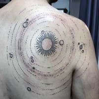 Circle shaped solar system tattoo on back and shoulder