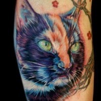 Tatuaggio colorato sulla gamba il ritratti del gatto nero