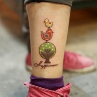 Color ink cute birds on tree ankle tattoo