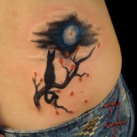 Tatuaggio colorato sulla pancia il gatto che guarda sulla luna