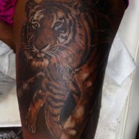 Detailed coloured tiger tattoo on hip