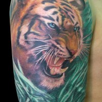 Colored detailed tiger in greens tattoo