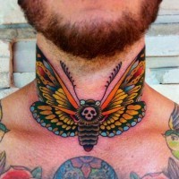Colored-ink-skull-moth-tattoo-on-neck
