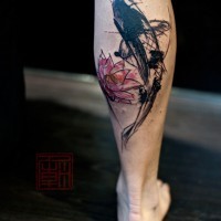 Colored abstract style little flower tattoo on leg combined with fish