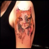 Colored abstract style shoulder tattoo of typical cat