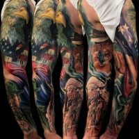 Colored American native sleeve tattoo of eagle with flag and Indians