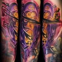 Colored arm fantasy style arm tattoo of mystical human with symbols