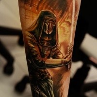 Colored arm tattoo of Dark Sith jedi