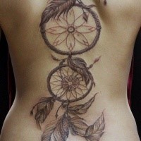 Colored back tattoo of dream catcher with feather