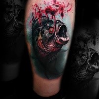 Colored bloody looking tattoo of creepy fish