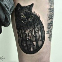 Colored cat shaped tattoo stylized with little forest house
