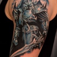 Colored cool looking illustrative style Lich King tattoo on shoulder