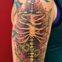 Colored cool looking painted by Dino Nemec upper arm tattoo of human skeleton with flowers and birds