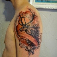 Colored engraving style shoulder tattoo of deer with plant and ribbons