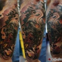 Colored fantasy style arm tattoo of big steamy skull
