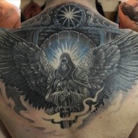 Colored fantasy style colored upper back tattoo of angel warrior