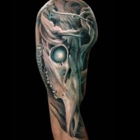 Colored fantasy style shoulder tattoo of demonic animal skull