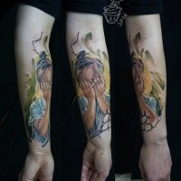 Colored forearm tattoo of crying little girl