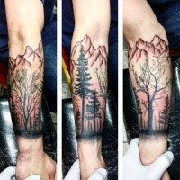 Colored forearm tattoo of typical mountain forest