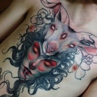 Colored horror style big chest tattoo od demon face and goat head