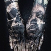 Colored horror style big mystic woman with skull tattoo on hands