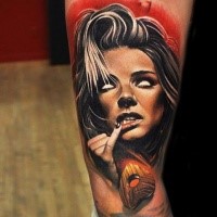 Colored horror style colored arm tattoo of woman face with wooden heart