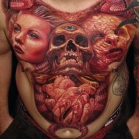 Colored horror style colored chest tattoo og human skull with various portraits and heart
