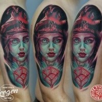 Colored horror style colored shoulder tattoo of witch with cube